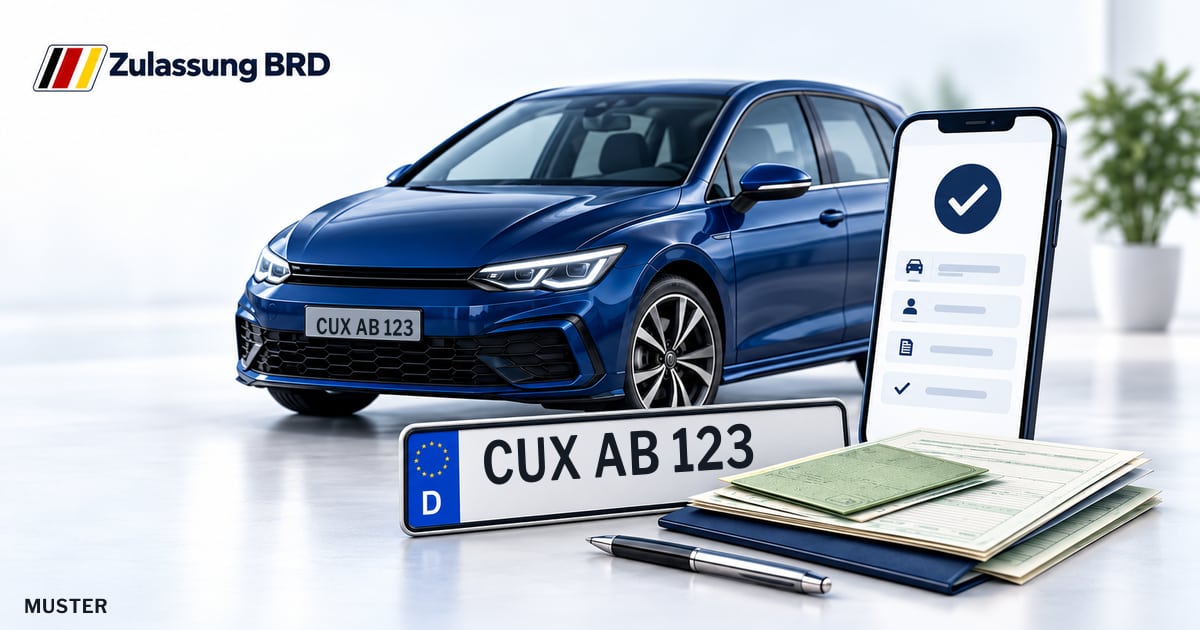 Online Fahrzeugzulassung in Geestland: Musterkennzeichen CUX AB 123, Auto und Fahrzeugpapiere und Smartphone. Illustration mit Logo von Zulassung BRD.